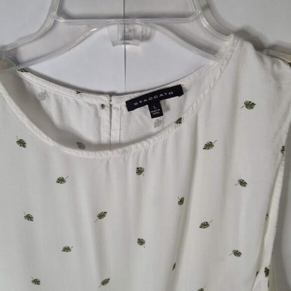 Staccato White Leaf Print Round Neck Tiered Hem Sleeveless Top Women's Size L - Picture 4 of 10